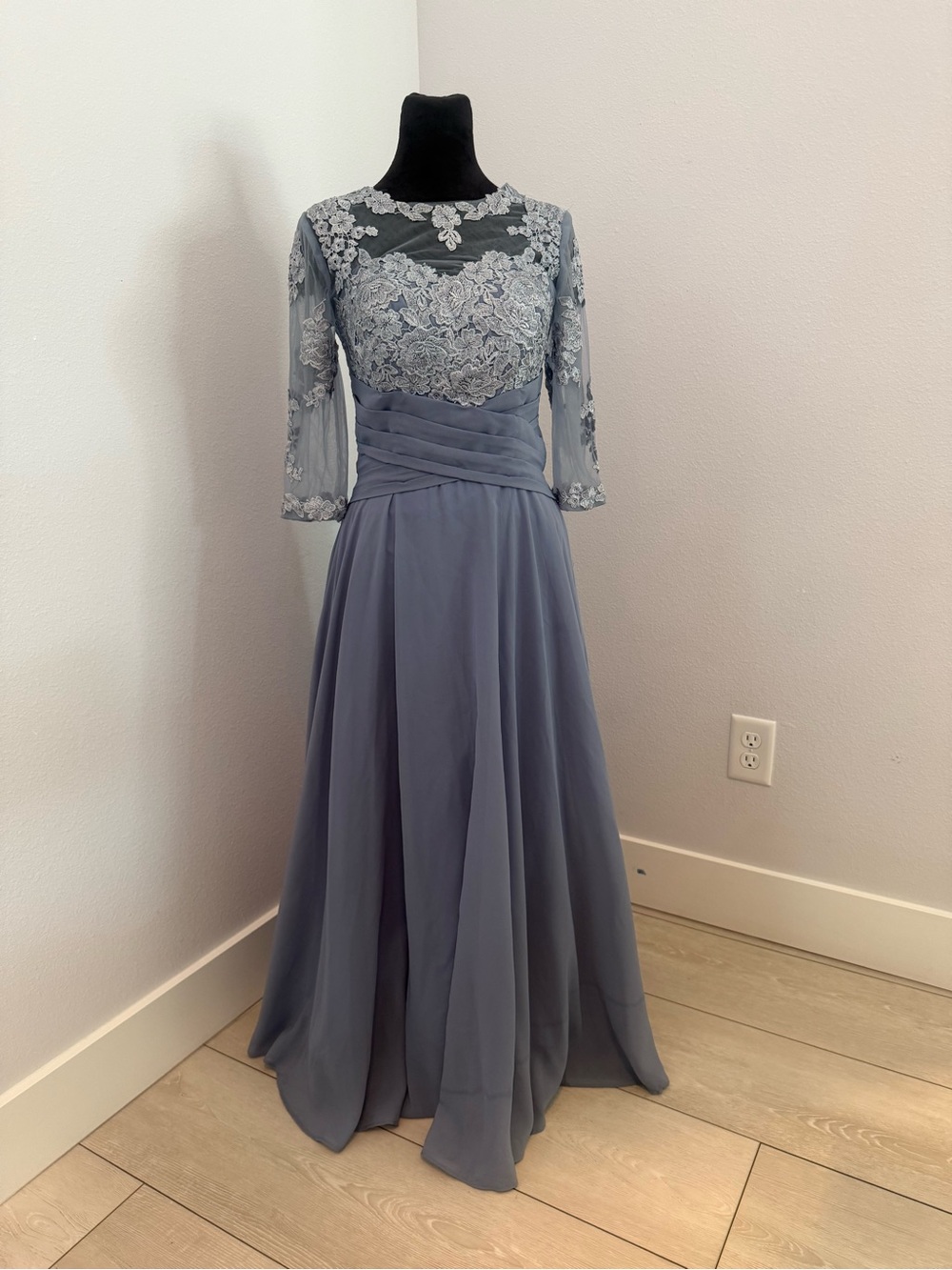 Fashion Nova Dusty Blue Lace & Chiffon Gown